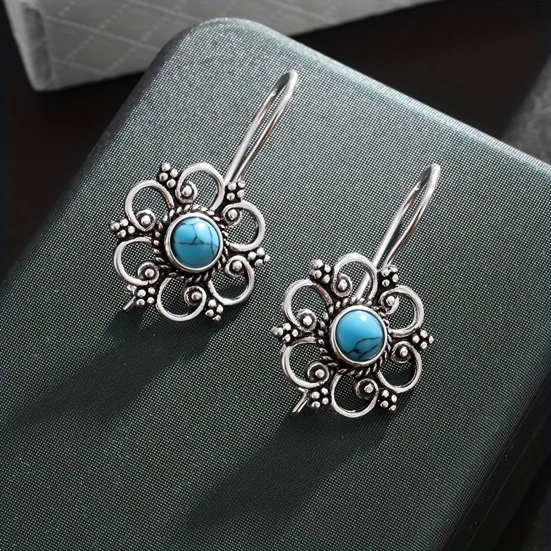 Blaue Blumen-Ohrringe in Vintage-Silber