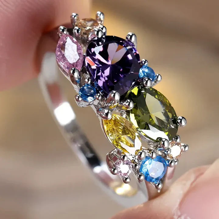 Vintage Buntes Kristall Silber Ring